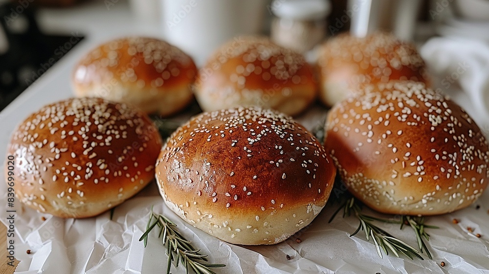   A stack of buns on a wooden table, with a cup of coffee nearby