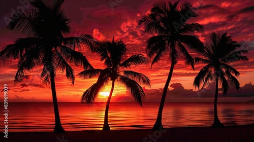 Imagine an iconic scene reminiscent of Scarface  where the vibrant backdrop of an orange sky sets the stage for a row of majestic palm trees. AI generated illustration