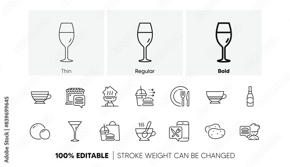 Food app, Food delivery and Tea cup line icons. Pack of Beer bottle, Wineglass, Dish icon. Peas, Cappuccino, Potato pictogram. Martini glass, Chef, Bombon coffee. Home grill. Meal order. Vector Food app, Food delivery and Tea cup line icons. Pack of Beer bottle, Wineglass, Dish icon. Peas, Cappuccino, Potato pictogram. Martini glass, Chef, Bombon coffee. Home grill. Meal order. Vector