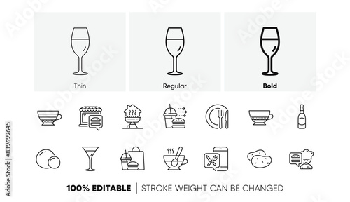 Food app, Food delivery and Tea cup line icons. Pack of Beer bottle, Wineglass, Dish icon. Peas, Cappuccino, Potato pictogram. Martini glass, Chef, Bombon coffee. Home grill. Meal order. Vector