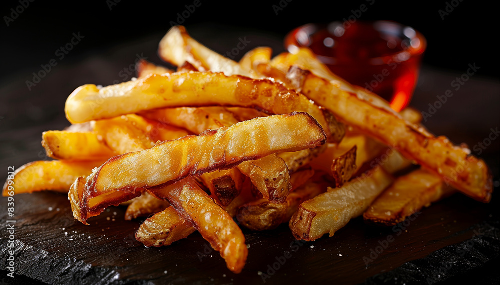French fries with ketchup. Crispy and golden food photography French fries with ketchup. Crispy and golden food photography
