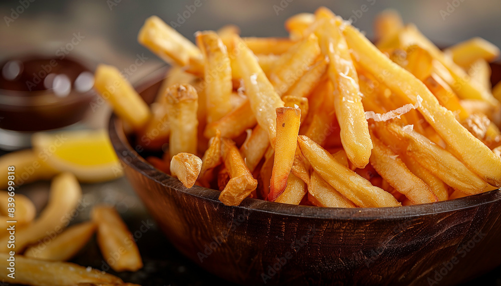 french fries in a wooden bowl french fries in a wooden bowl