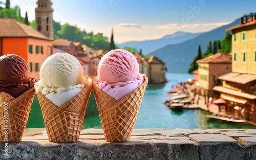 Various ice cream scoops in a waffle cone, a small old tourist village scenario in the background. © Fotema