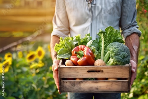 A man holds a wooden box with freshly picked harvested vegetables in an organic home garden. Close-up on the box.
