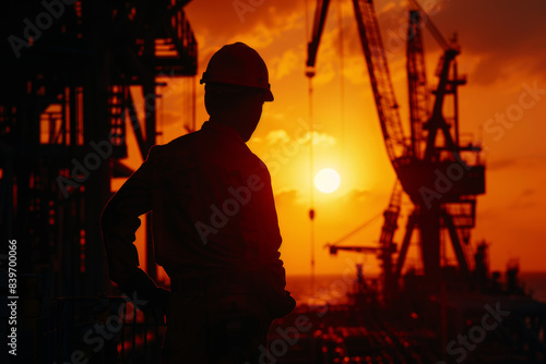 a silhouette of a worker at a construction site at sunset © wuttichai1983