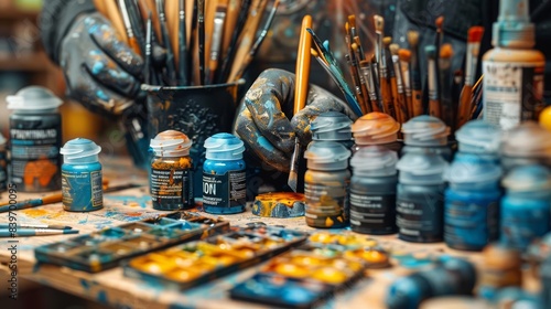 Model building and miniature painting, Workbench with miniatures photo