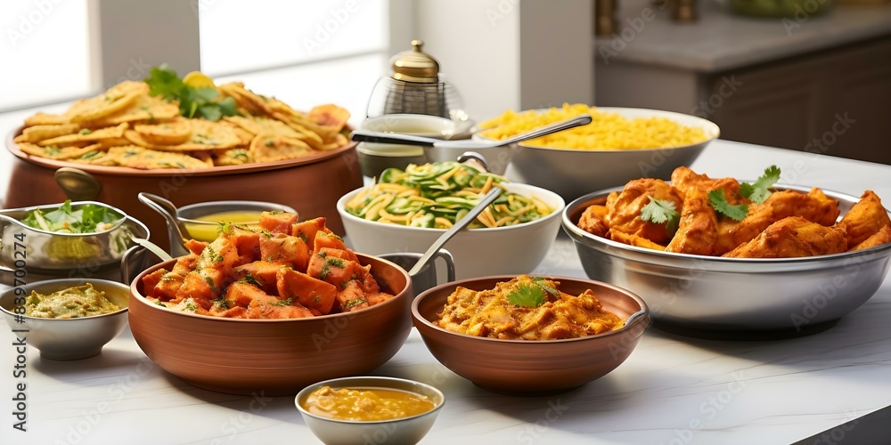 Indian food buffet spread on a white table featuring a variety of traditional dishes. Concept Indian Cuisine, Food Buffet, Traditional Dishes, White Table Setting, Culinary Delights Indian food buffet spread on a white table featuring a variety of traditional dishes. Concept Indian Cuisine, Food Buffet, Traditional Dishes, White Table Setting, Culinary Delights