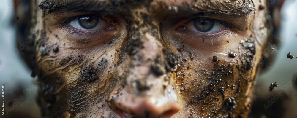 Portrait of dirty men training outside for army, strong lifestyle banner. Generative Ai. Portrait of dirty men training outside for army, strong lifestyle banner. Generative Ai.