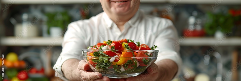Smiling senior man holding a healthy vegetable salad in a cozy kitchen environment Smiling senior man holding a healthy vegetable salad in a cozy kitchen environment