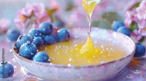   A bowl of blueberries with a spoon pouring liquid