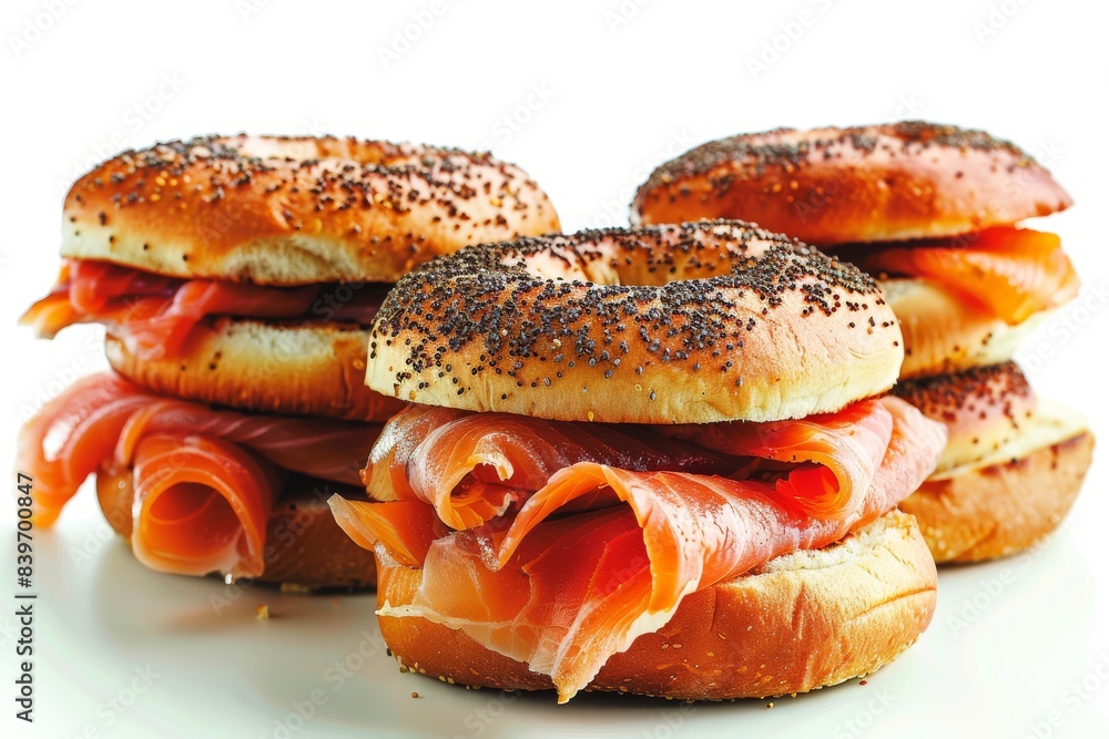 Assorted bagel sandwiches with smoked salmon and cream cheese, showcasing a delicious and savory meal selection Assorted bagel sandwiches with smoked salmon and cream cheese, showcasing a delicious and savory meal selection