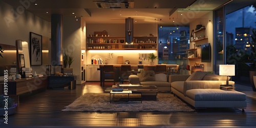 Modern open living room at night, with beautiful ambient occlusion and furniture