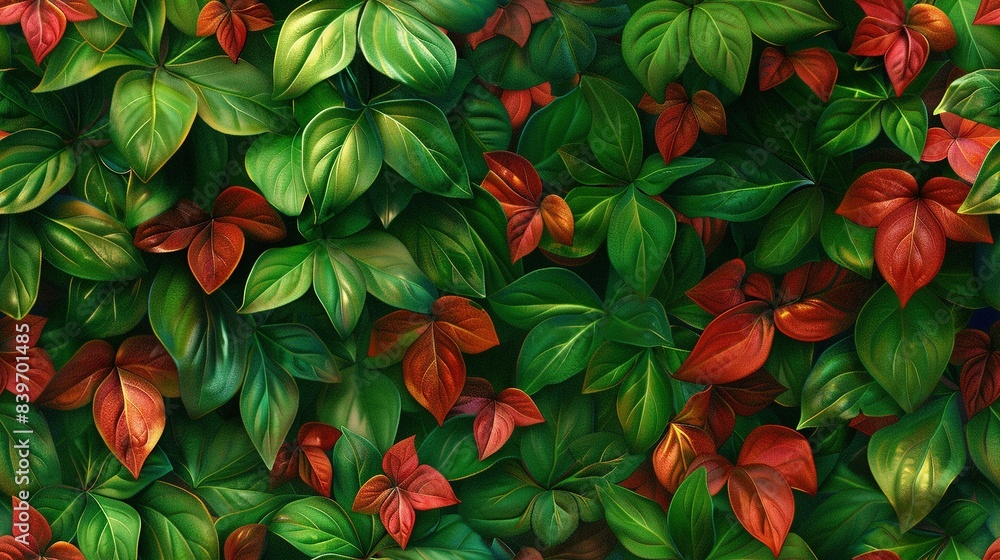 Naklejka premium A vibrant painting of overlapping red and green leaves