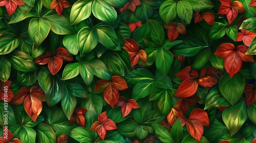   A vibrant painting of overlapping red and green leaves