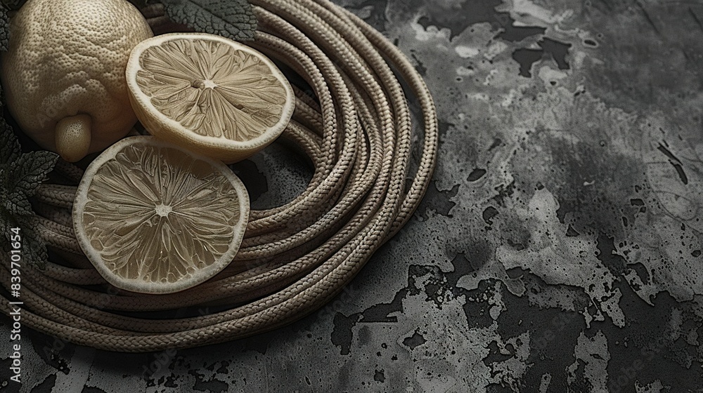A few lemons perched atop a twine-draped branch against a monochromatic canvas with foliage A few lemons perched atop a twine-draped branch against a monochromatic canvas with foliage