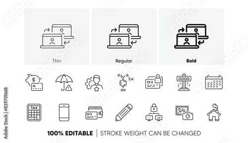 Calendar, Outsource work and Smartphone line icons. Pack of Pencil, Tax calculator, Home icon. Wallet, Lock, Risk management pictogram. Card, Attraction and Photo camera Line icons. Vector