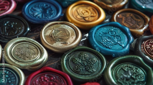 Various sealing wax stamps of different colors and textures.
