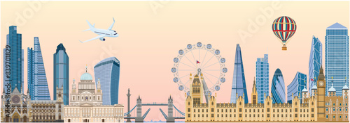 City skyline of London, England. Vector illustration. London cityscape with landmarks.	