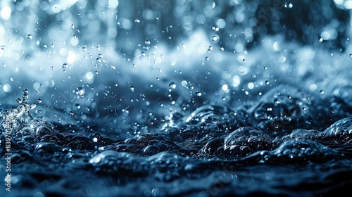  A zoomed-in image of water droplets on a body of water surrounded by trees in the background © Anna