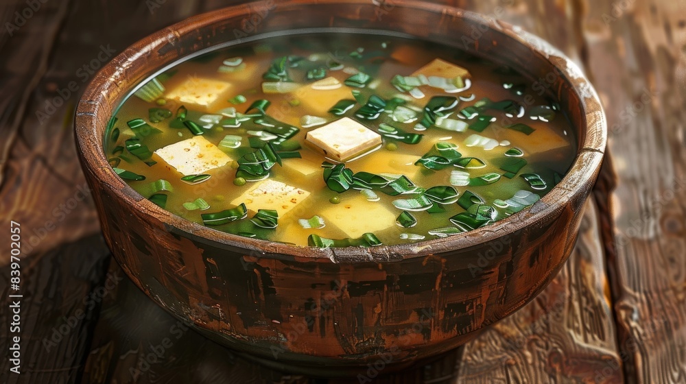 Surreal Miso Soup Bowl with Tofu and Vegetables on Rustic Wooden Backdrop Surreal Miso Soup Bowl with Tofu and Vegetables on Rustic Wooden Backdrop