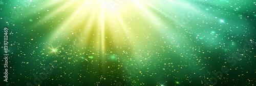 Ethereal green light burst abstract radiant rays on dark green background with golden sparkles