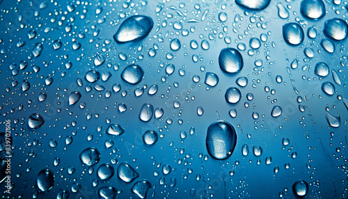 water drops on blue plastic texture background