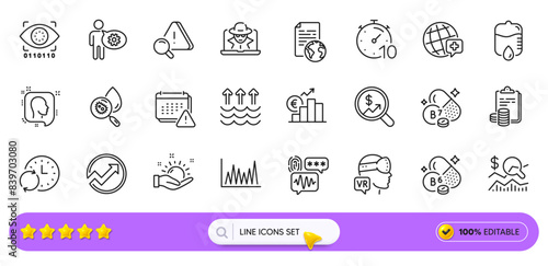 Check investment, World medicine and Notification line icons for web app. Pack of Timer, Cogwheel, Biotin vitamin pictogram icons. Evaporation, Sunny weather, Currency audit signs. Search bar. Vector