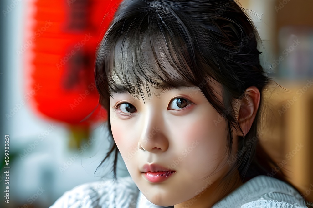 Young Asian woman with dark hair wearing a white sweater. Young Asian woman with dark hair wearing a white sweater.