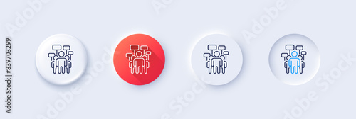 Voting campaign line icon. Neumorphic, Red gradient, 3d pin buttons. People rally with signs. Public election symbol. Line icons. Neumorphic buttons with outline signs. Vector