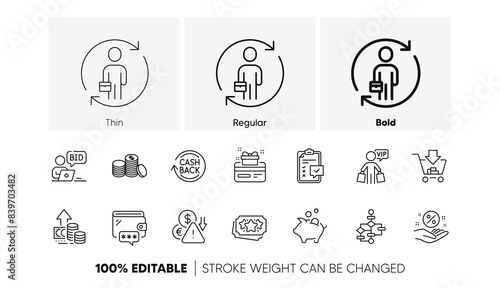Replacement, Vip shopping and Loyalty points line icons. Pack of Shopping, Loan percent, Online auction icon. Banking money, Loyalty card, Checklist pictogram. Wallet, Deflation, Piggy bank. Vector