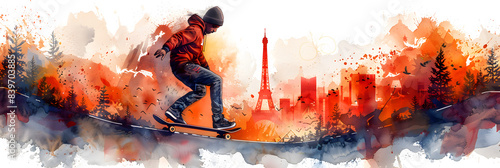 Dynamic watercolor image of a skateboarder performing a trick with the Eiffel Tower in the background  representing the Olympic Games in Paris  banner with copy space