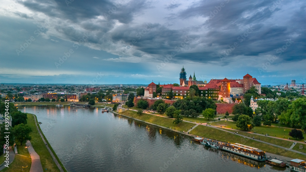 aerial view of krakow center and wawel royal castle at sunset in summer in poland aerial view of krakow center and wawel royal castle at sunset in summer in poland