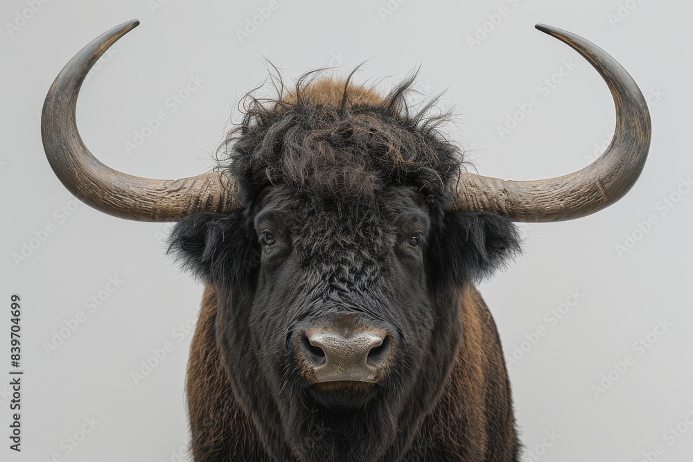 Close up portrait of a yak, showcasing the unique features and majestic presence of this high altitude animal Close up portrait of a yak, showcasing the unique features and majestic presence of this high altitude animal