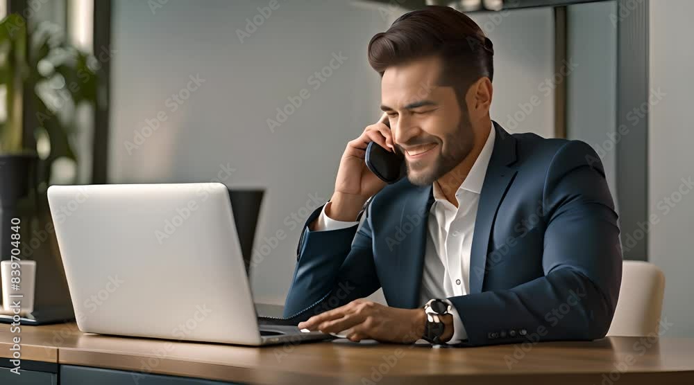 businessman talking on phone using laptop computer in office. Smiling professional business man manager making call on mobile telephone businessman talking on phone using laptop computer in office. Smiling professional business man manager making call on mobile telephone