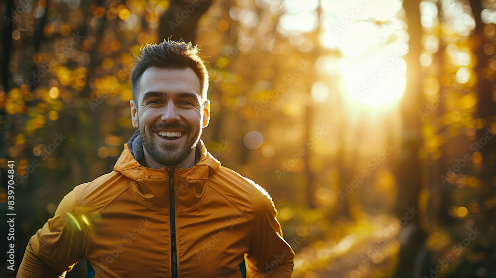 Obraz premium Joyful runner exercising in Autumn park during sunlight