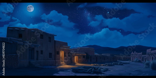 ancient stone, megaliths, dolmens, obelisks, menhirs  At night in Taos Pueblo USA The soft light of the _001 photo