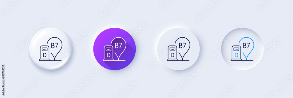 Diesel station line icon. Neumorphic, Purple gradient, 3d pin buttons. Filling station location sign. B7 liquid fuel symbol. Line icons. Neumorphic buttons with outline signs. Vector Diesel station line icon. Neumorphic, Purple gradient, 3d pin buttons. Filling station location sign. B7 liquid fuel symbol. Line icons. Neumorphic buttons with outline signs. Vector