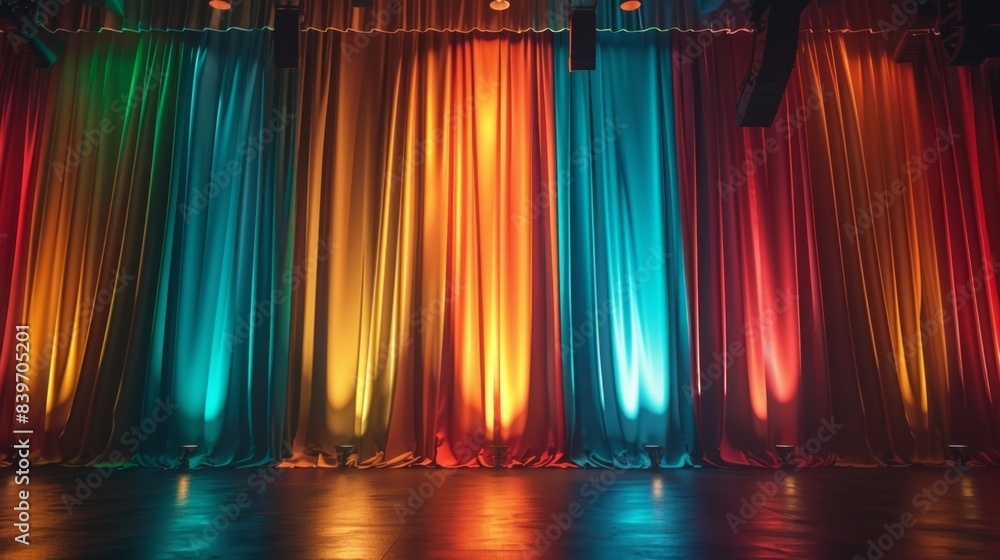 Fototapeta premium Colorful Curtains On Stage With Spotlight Creating Dramatic Effect