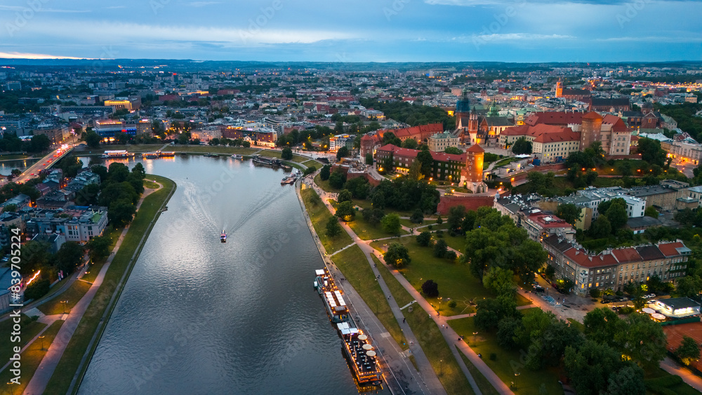 Fototapeta premium aerial view of krakow center and wawel royal castle at sunset in summer in poland