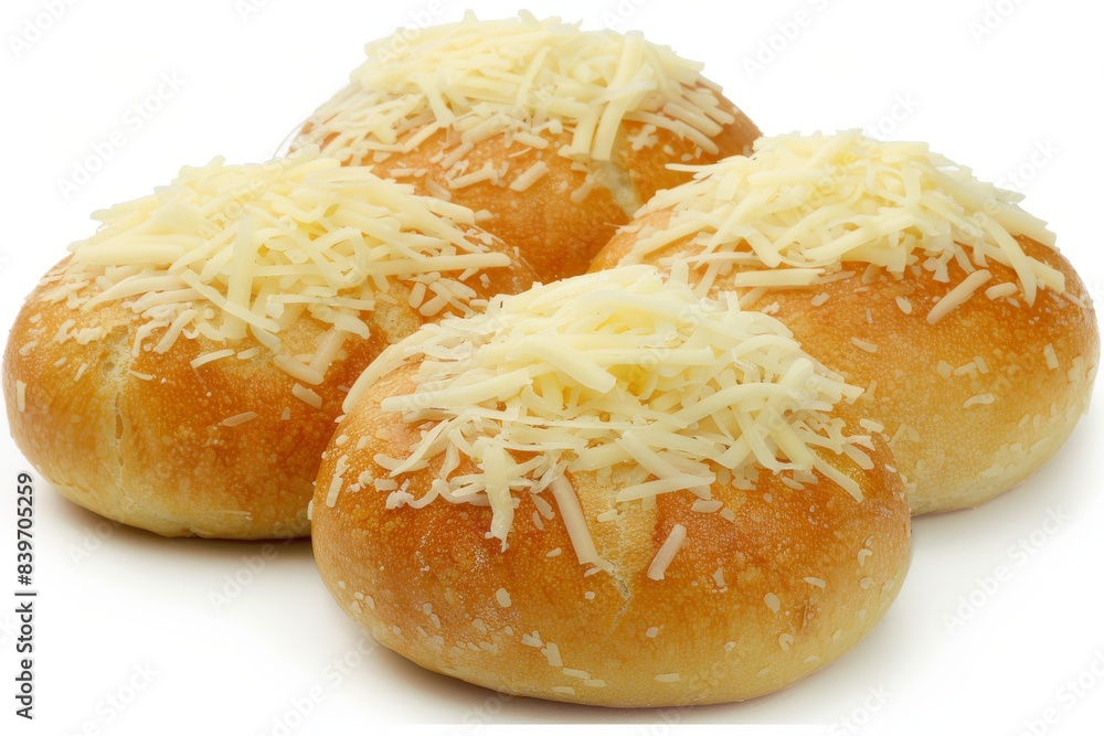 Cheese topped buns on a white background, showcasing delicious and savory baked goods Cheese topped buns on a white background, showcasing delicious and savory baked goods