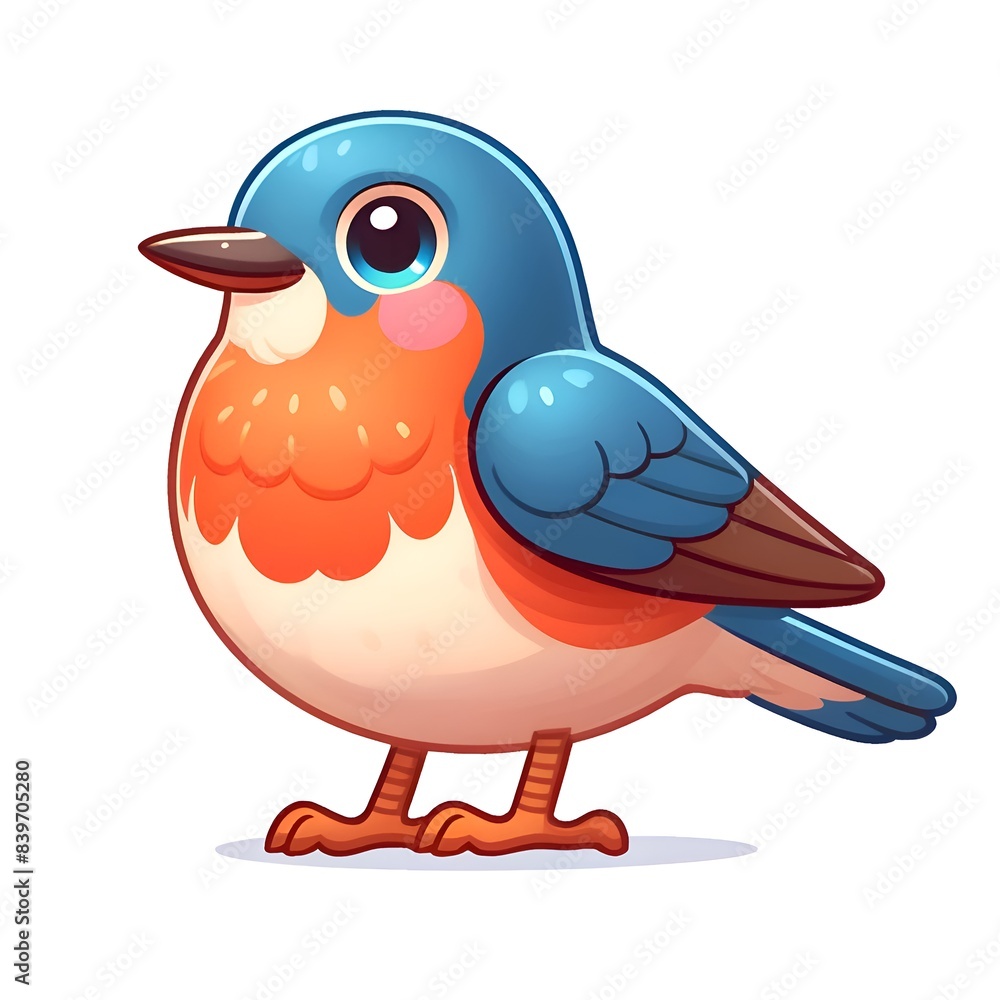 Fototapeta premium A charming and colorful cartoon illustration of a bird with bright blue and orange plumage, isolated on white background