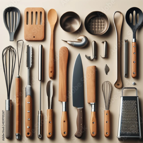 various kitchen utensils, including a spatula, whisk, ladle, chef's knife, tongs, wooden spoon, and grater