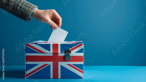 A person entering a vote into a ballot box Great britain union jack flag. United Kingdom elections