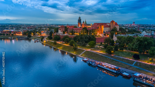 aerial view of krakow center and wawel royal castle at sunset in summer in poland