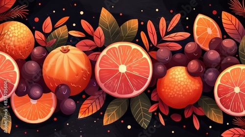   A painting of grapefruits  oranges  and grapefruits with leaves on a black background is fixed as A painting featuring grapefruits  oranges  and grap