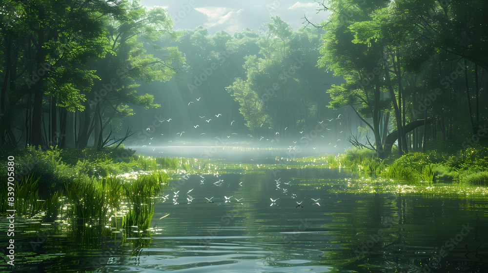 A serene nature bog scene with birds feeding at the water's edge, the lush vegetation creating a peaceful atmosphere A serene nature bog scene with birds feeding at the water's edge, the lush vegetation creating a peaceful atmosphere
