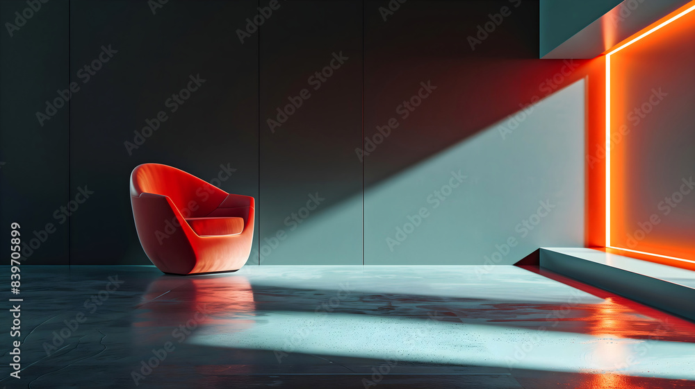 one red chair sits in a room with a neon light shining through the window, minimalist futuristic interior design concept