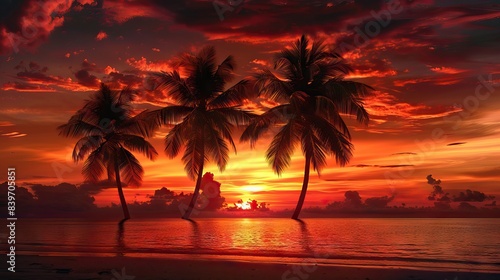 Imagine an iconic scene reminiscent of Scarface  where the vibrant backdrop of an orange sky sets the stage for a row of majestic palm trees. AI generated illustration