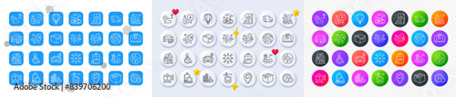 Place, Passenger and Office box line icons. Square, Gradient, Pin 3d buttons. AI, QA and map pin icons. Pack of Pin, Parcel, Parking time icon. Buy car, Search flight, Truck delivery pictogram. Vector