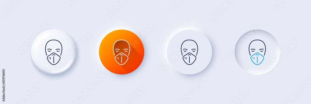Medical mask line icon. Neumorphic, Orange gradient, 3d pin buttons. Safety breathing respiratory mask sign. Coronavirus face protection symbol. Line icons. Vector Medical mask line icon. Neumorphic, Orange gradient, 3d pin buttons. Safety breathing respiratory mask sign. Coronavirus face protection symbol. Line icons. Vector
